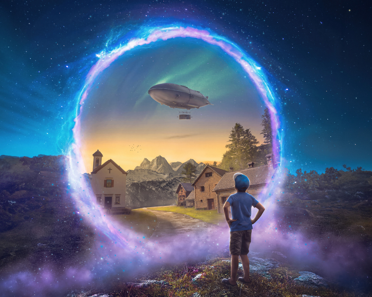 Маленький мальчик смотрит на волшебный мир