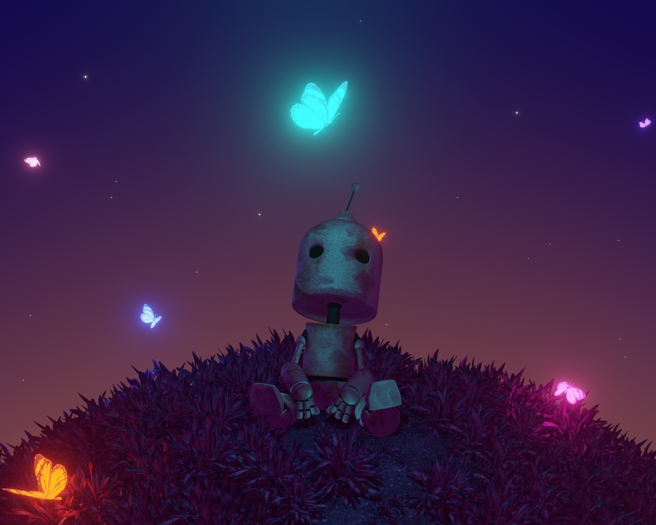 Маленький робот с неоновыми бабочками