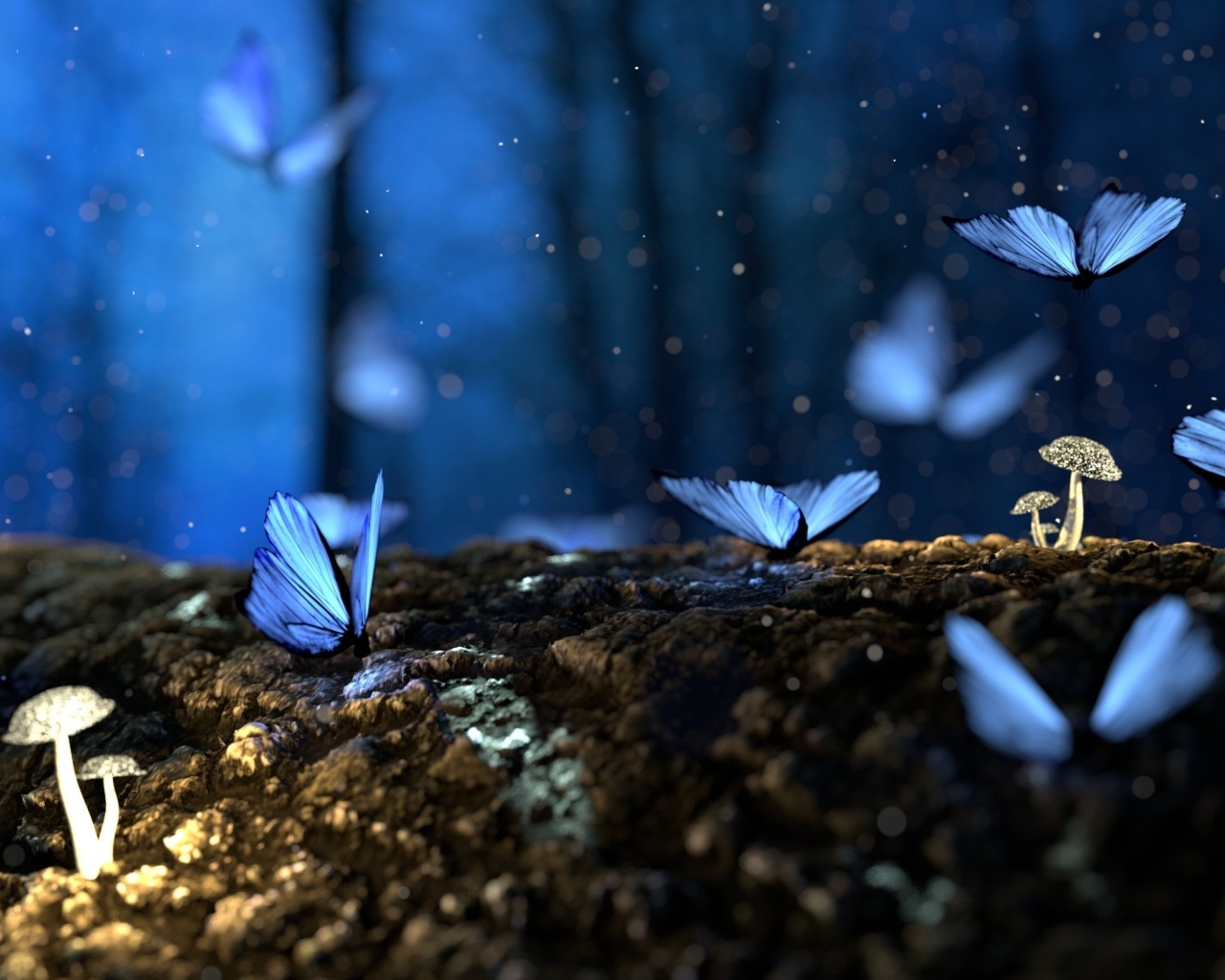 Волшебные голубые бабочки летают в лесу над грибами