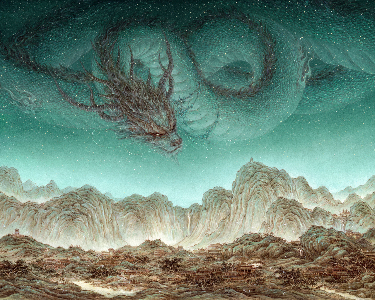 Волшебный дракон летает над горами