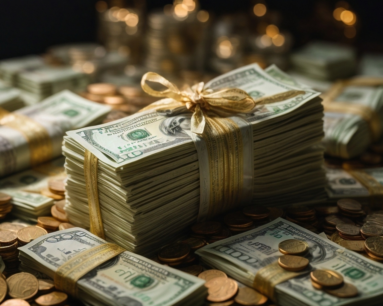 Пачки долларов с монетами перевязаны бантом