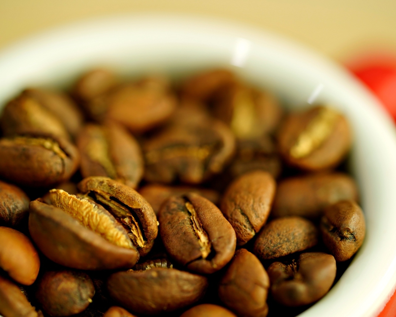 Зерна кофе с белой кружке вблизи