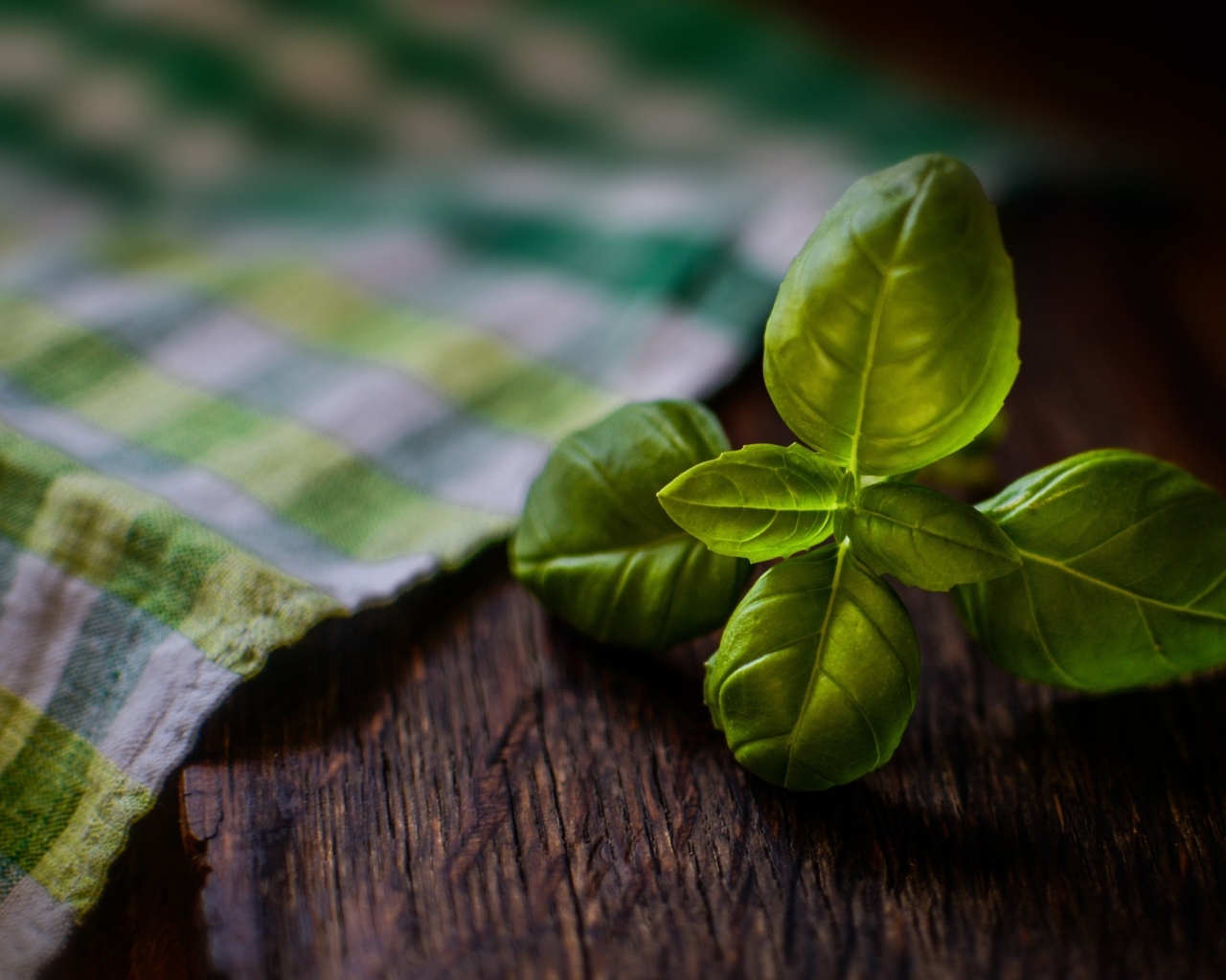Зеленые листья базилика на столе с полотенцем