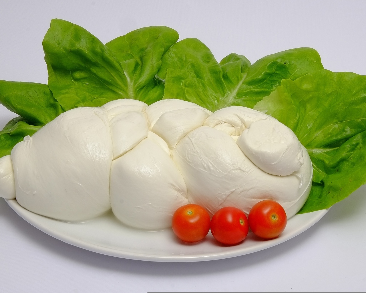 Сыр моцарелла на тарелке с листьями салата и помидорами