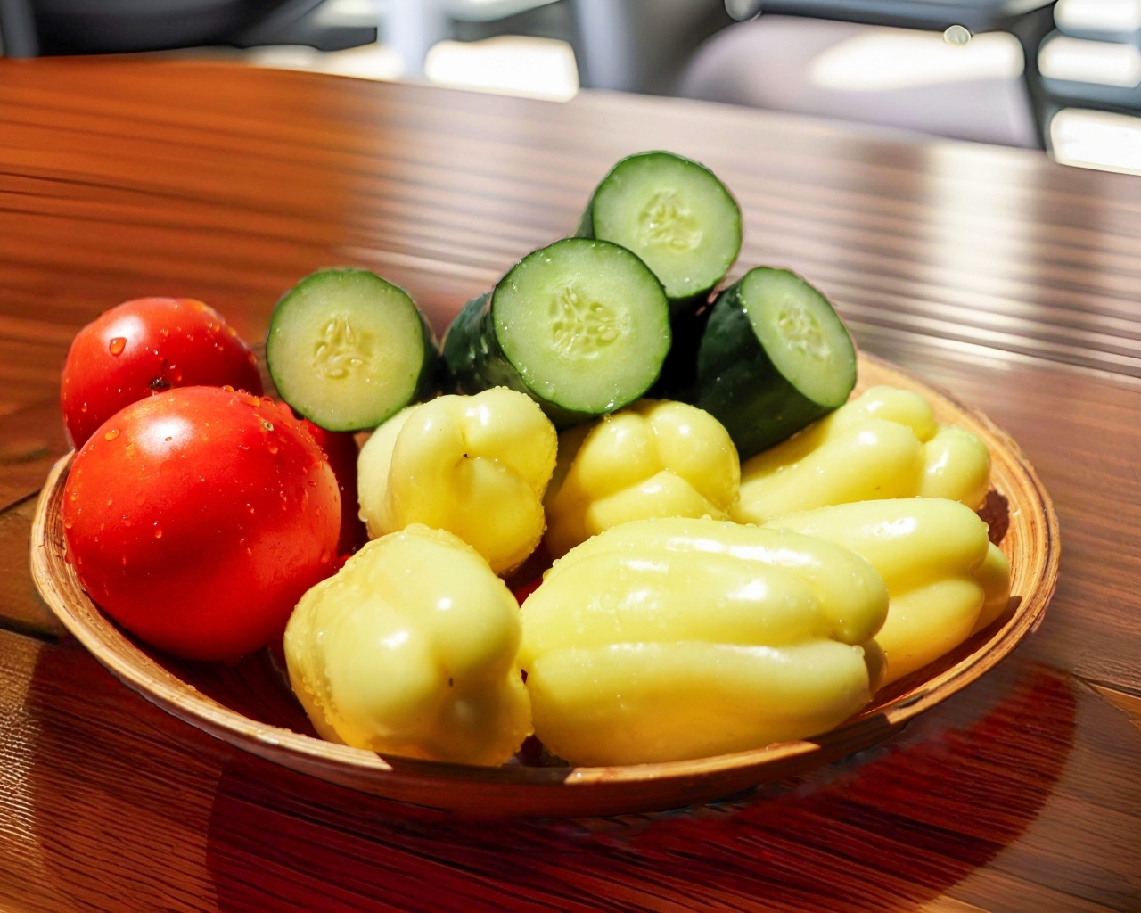 Перец, помидоры и зеленые огурцы на тарелке на столе