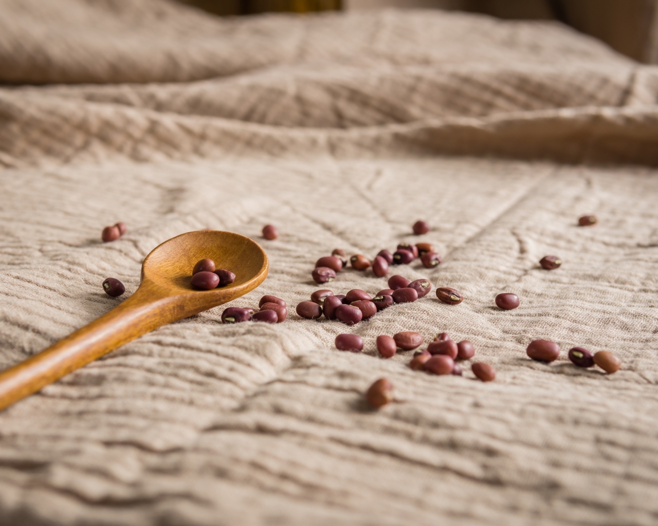 Деревянная ложка на скатерти с фасолью 