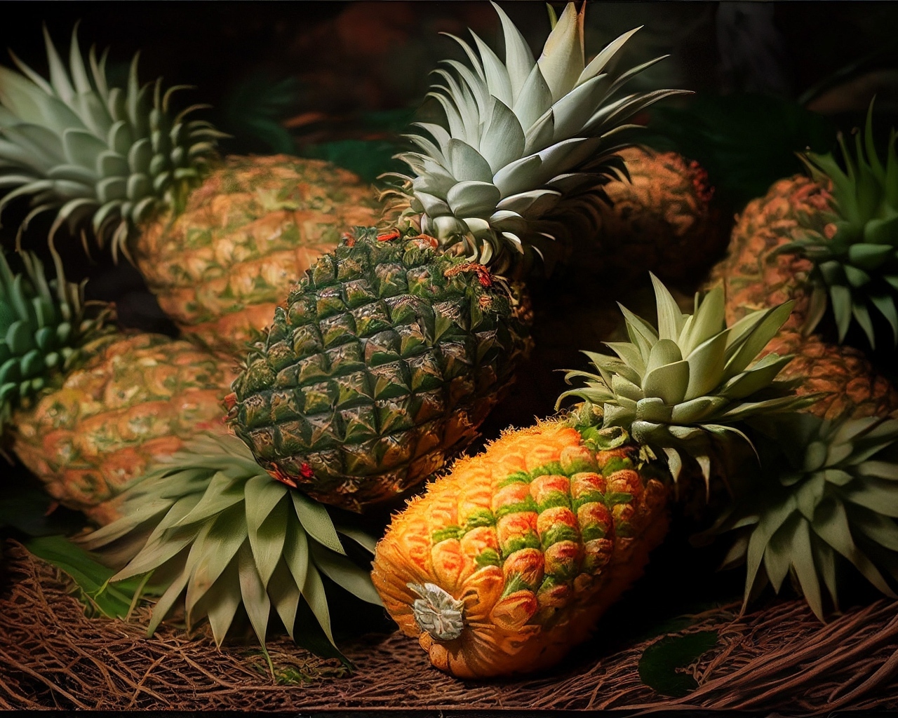 Много спелых ананасов крупным планом