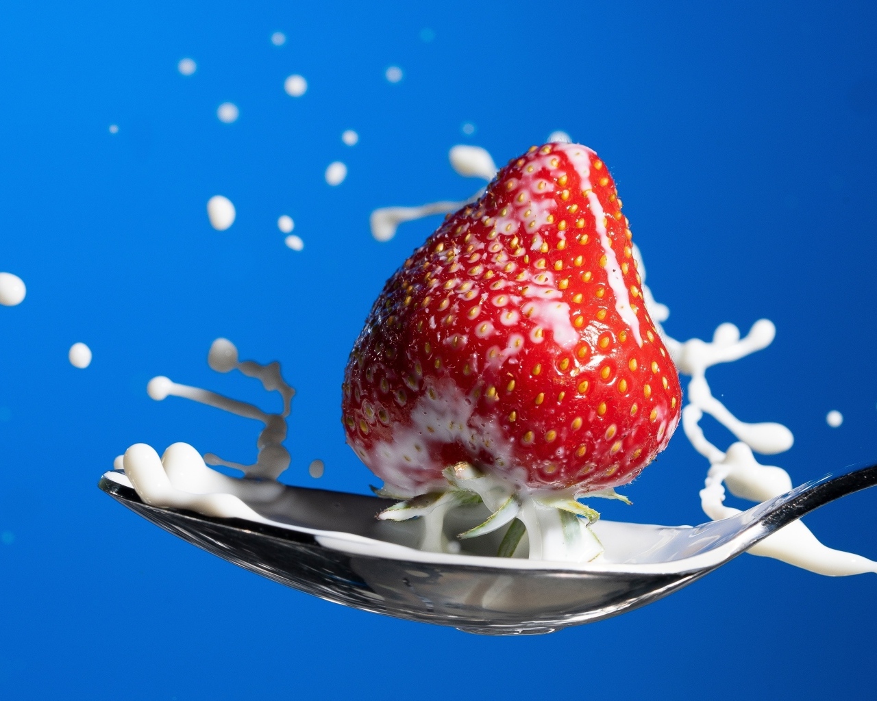 Молоко в ложке с клубникой на синем фоне