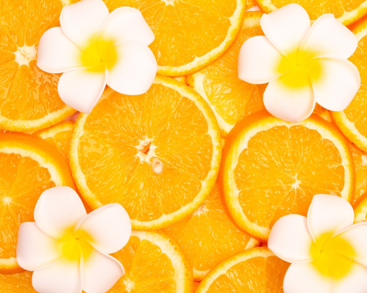 Кружочки апельсина с цветами плюмерии крупным планом
