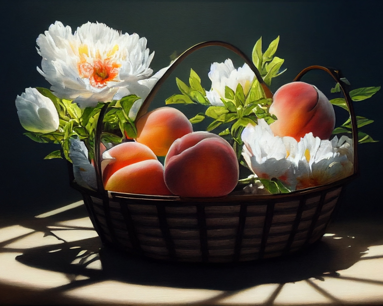 Спелые сладкие персики в корзине с цветами