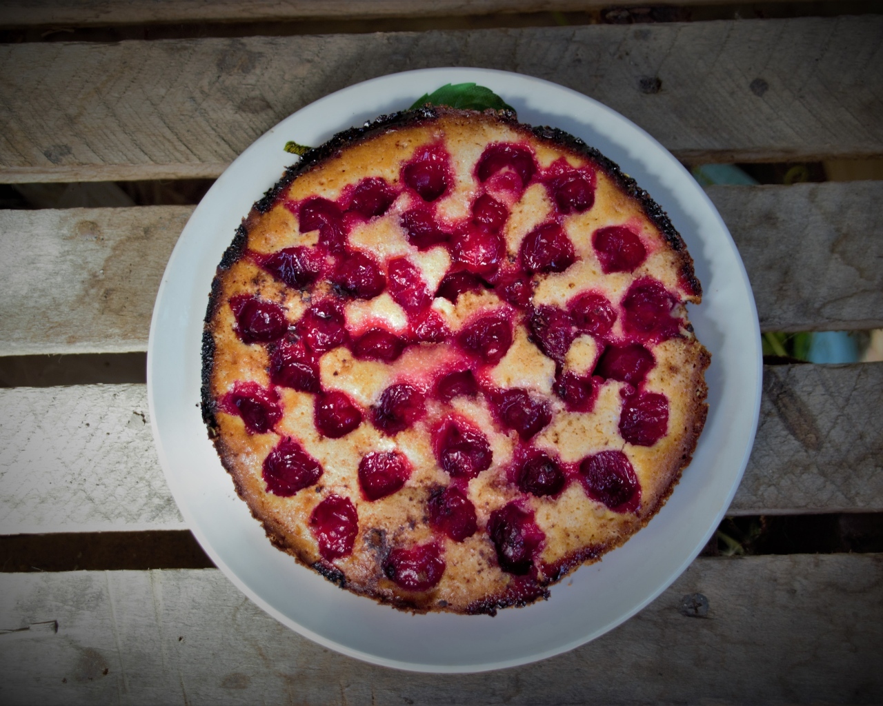 Красивый пирог с вишней на белой тарелке