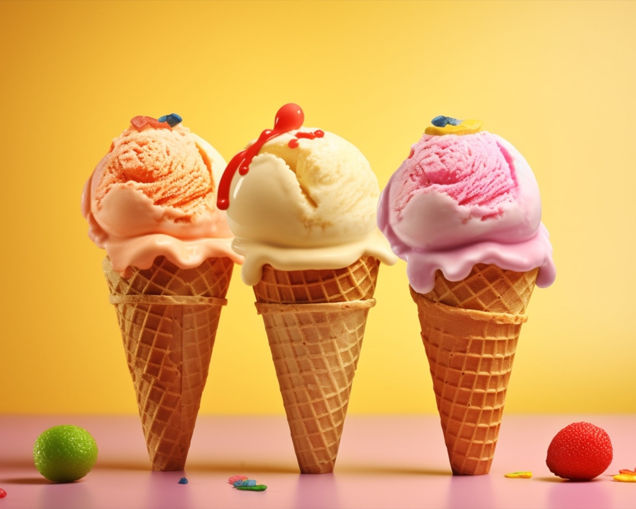 Шарики ягодного мороженого в вафельных рожках