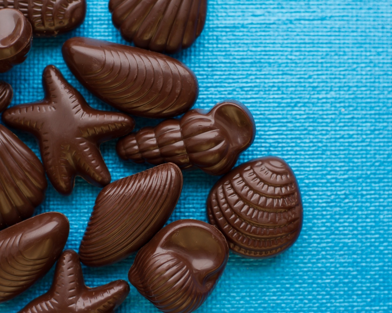 Шоколадные конфеты в форме ракушек на голубом фоне