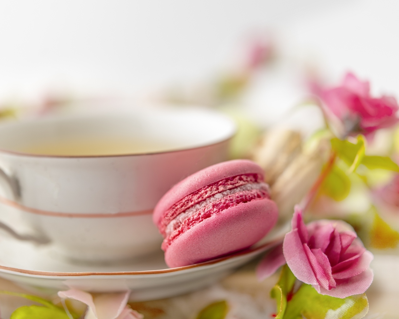 Чашка чая с десертом макарун и цветами розы