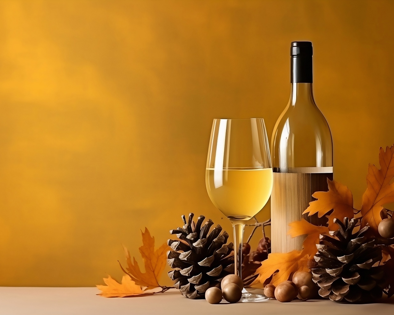 Бутылка вина и бокал на столе с шишками и желудями