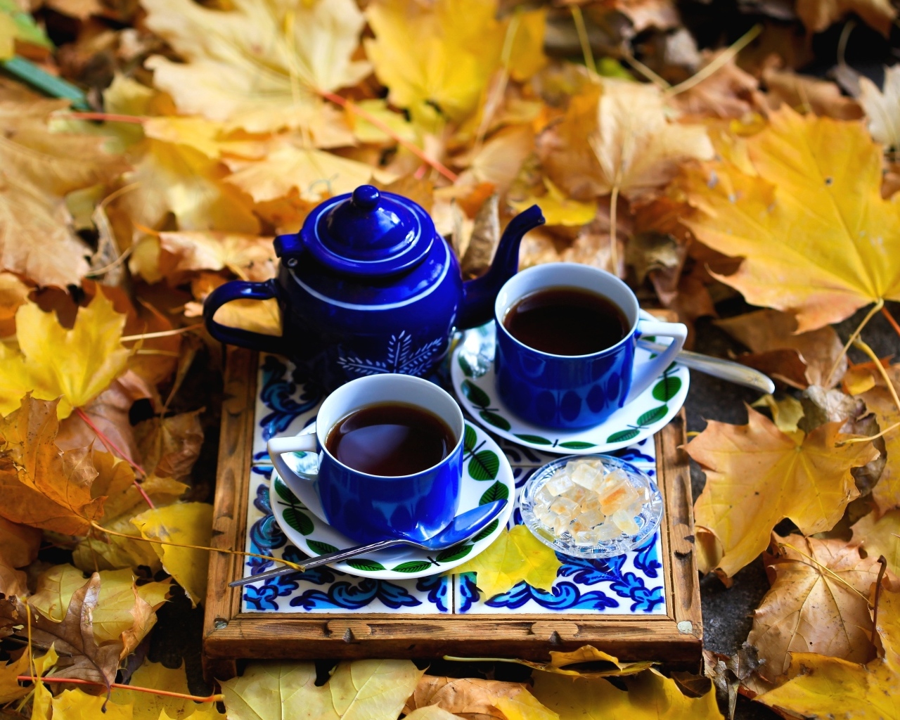 Две чашки кофе с чайником стоят на опавшей листве