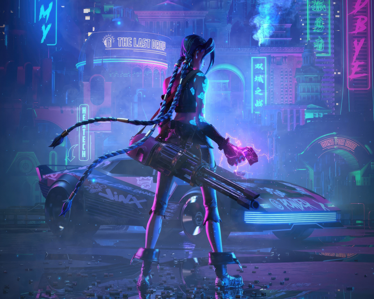 Девушка с оружием в городе видеоигра Cyberpunk 2077