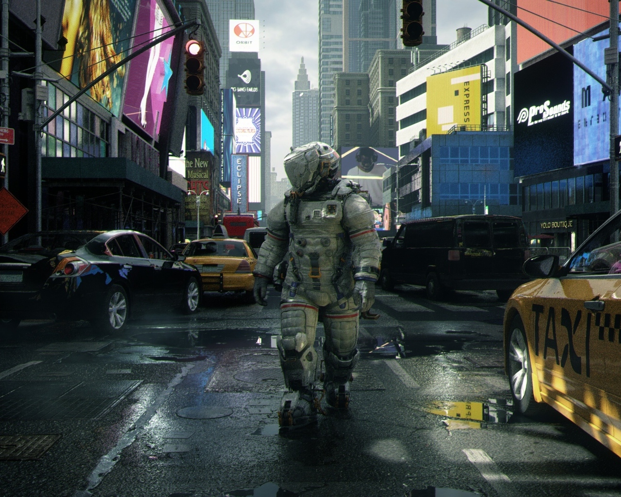 Мужчина астронавт в городе, компьютерная игра Pragmata