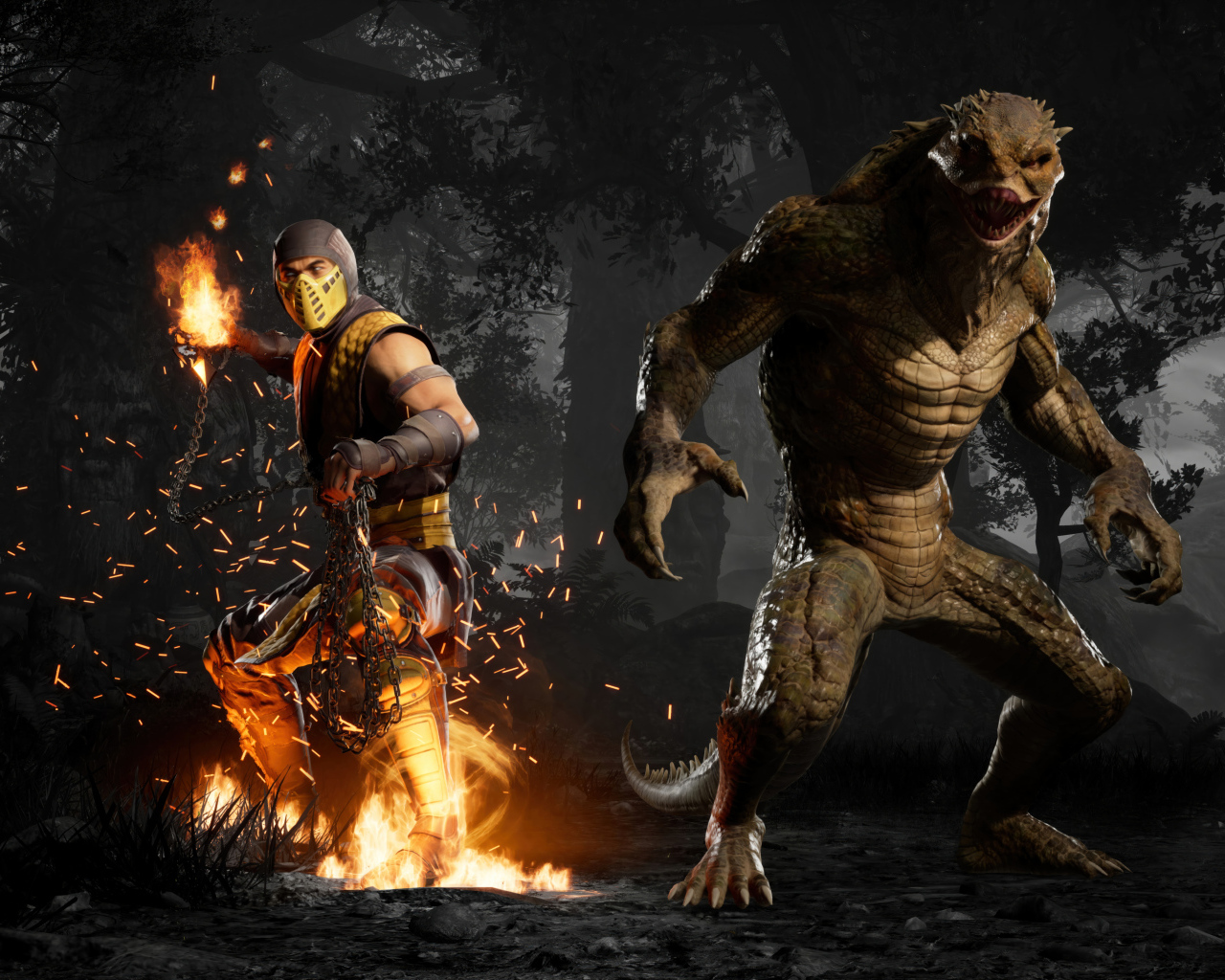 Скорпион сражается с монстром в компьютерной игре Mortal Kombat 1