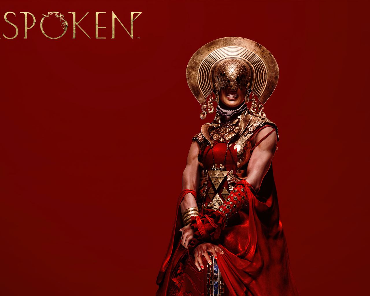 Персонаж компьютерной игры Forspoken на красном фоне