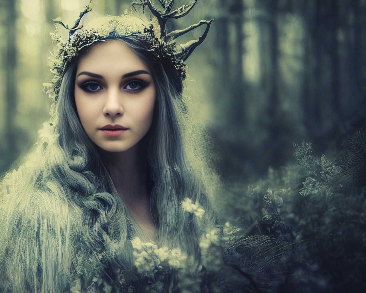 Девушка лесная фея с белыми волосами