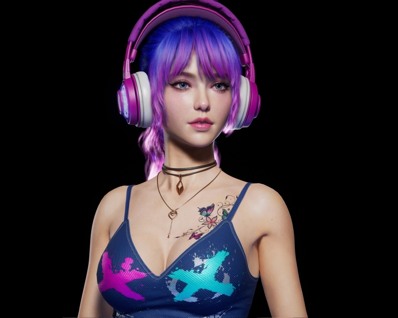 Девушка 3д с наушниками на голове на черном фоне