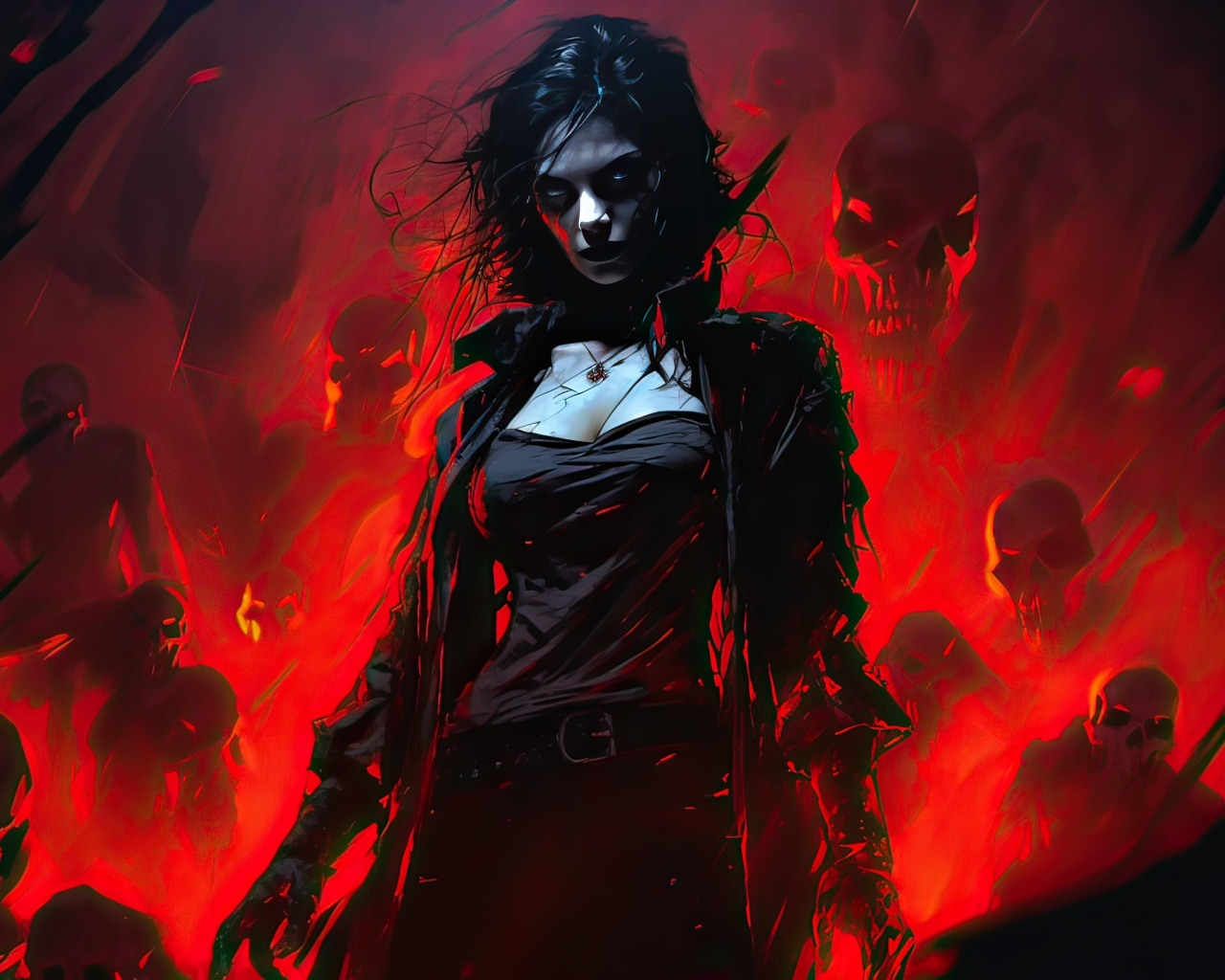 Девушка солдат сражается со скелетами