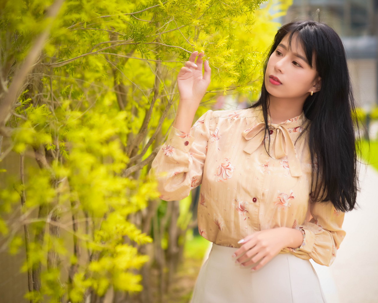 Молодая девушка азиатка стоит у дерева с зелеными листьями