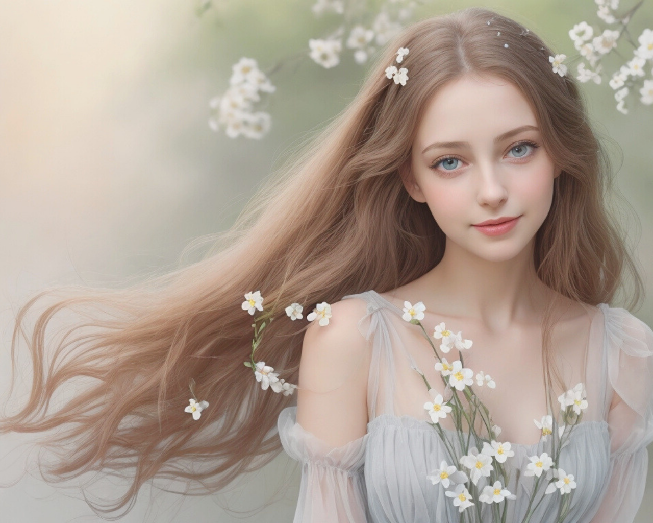 Красивая голубоглазая длинноволосая девушка в белых цветах
