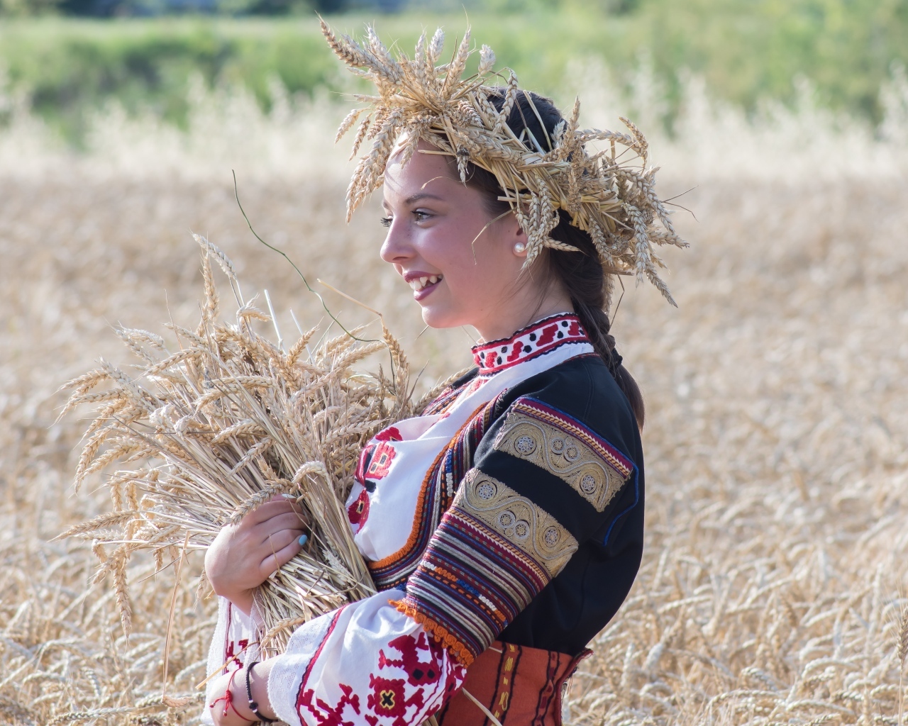 Красивая девушка на поле с пшеницей