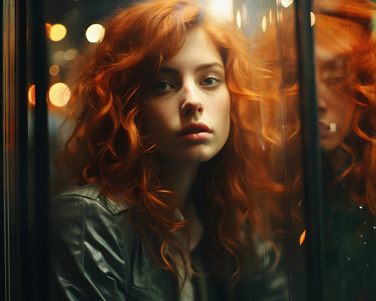 Красивая рыжеволосая девушка отражается в окне