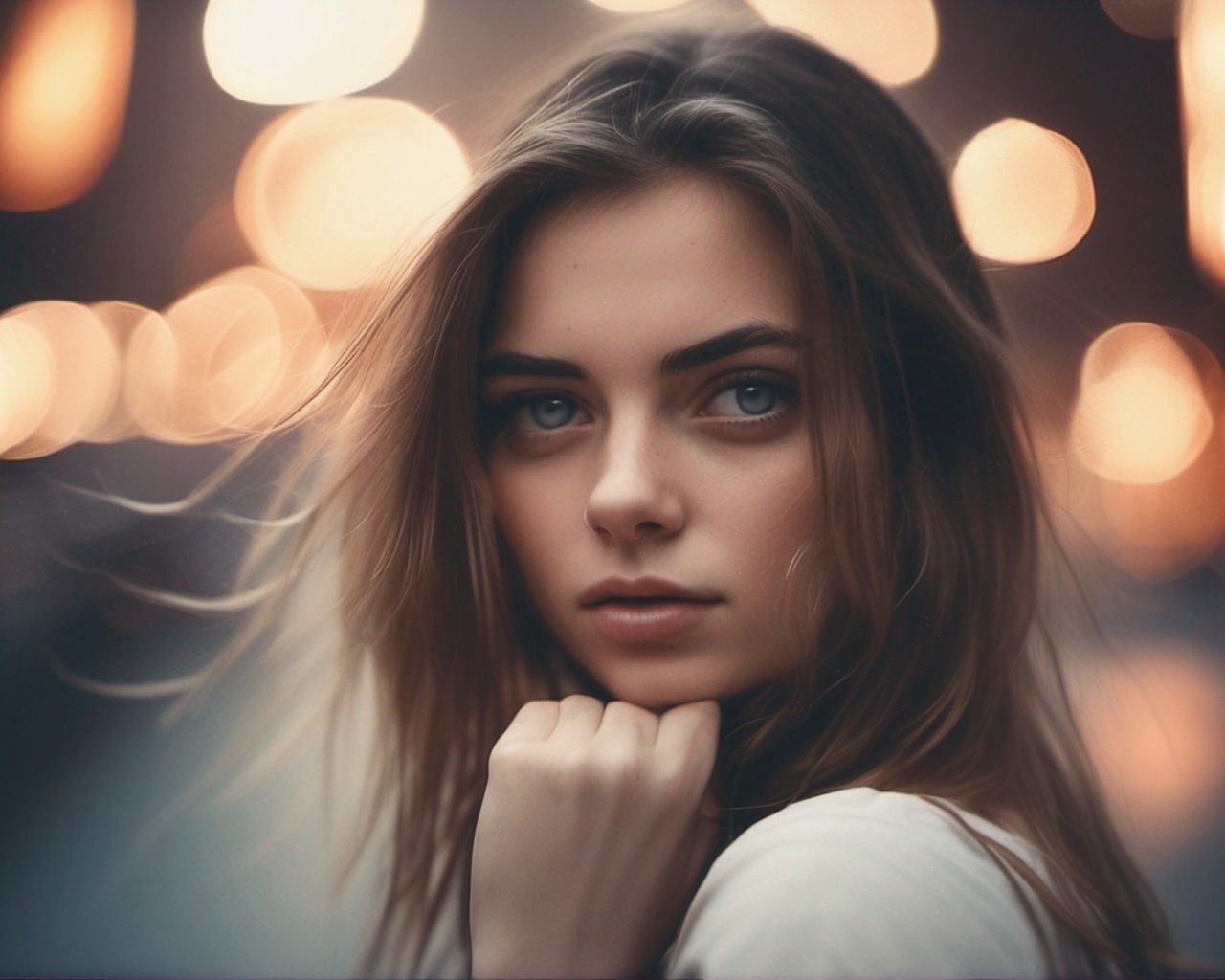 Красивая молодая голубоглазая девушка в свете фонарей