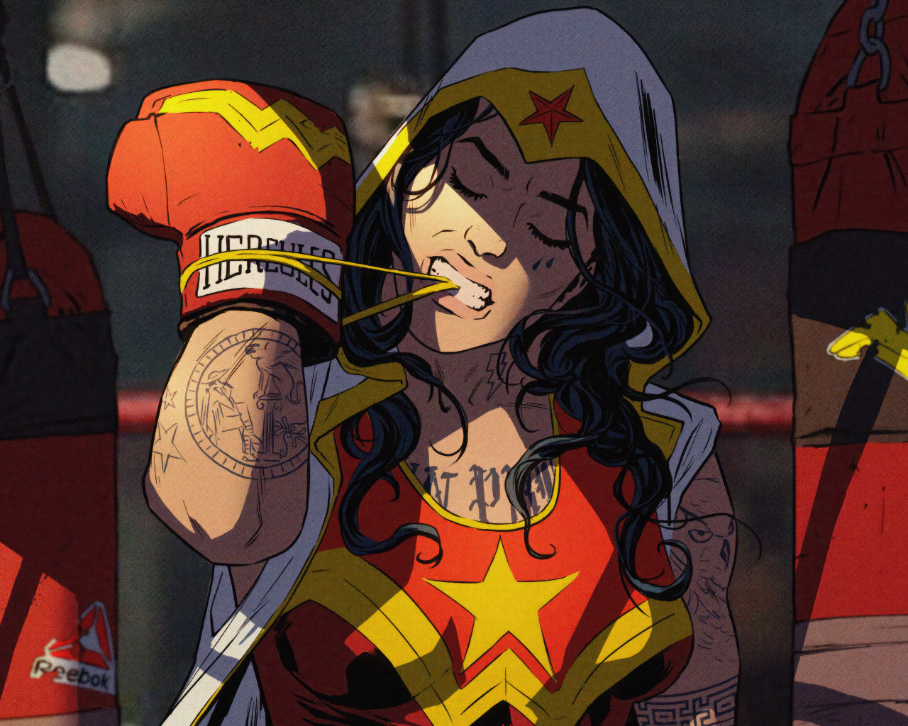 Девушка супергерой в боксерских перчатках