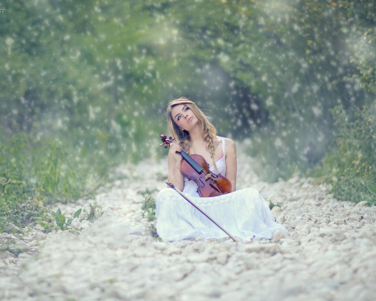 Девушка со скрипкой в руках в лесу