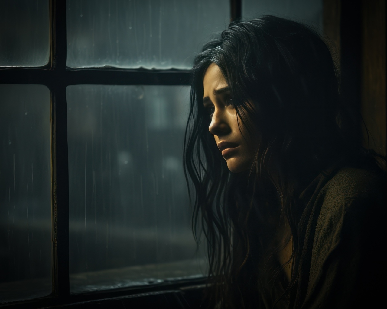 Грустная девушка сидит у окна 