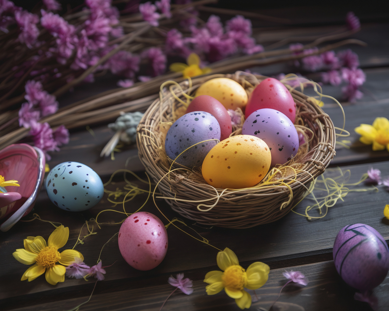Разноцветные пасхальные яйца в гнезде с цветами