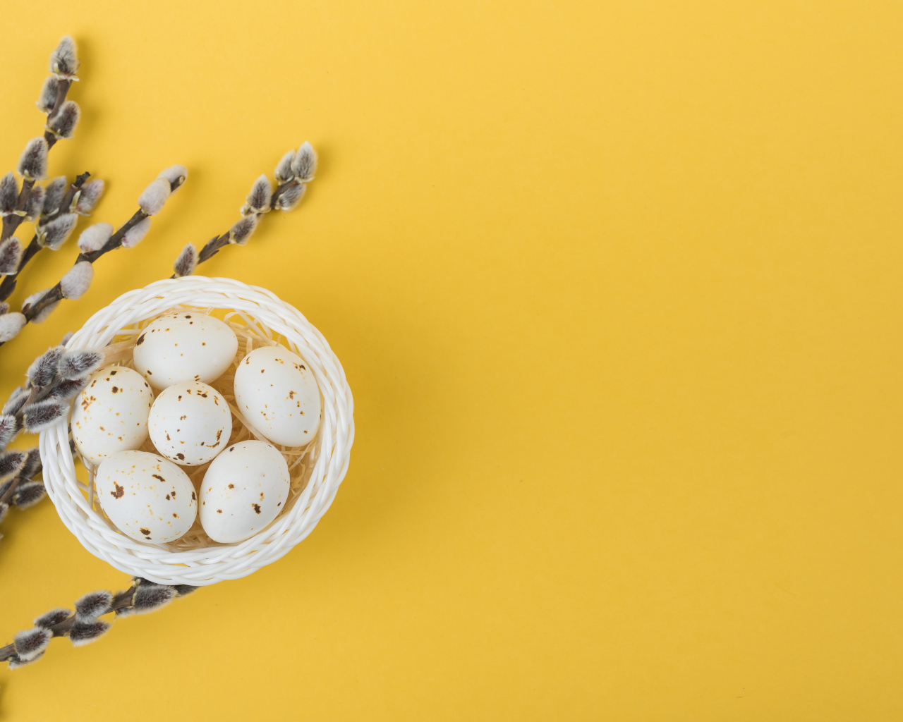 Ветки вербы и яйца на желтом фоне шаблон поздравительной открытки на Пасху