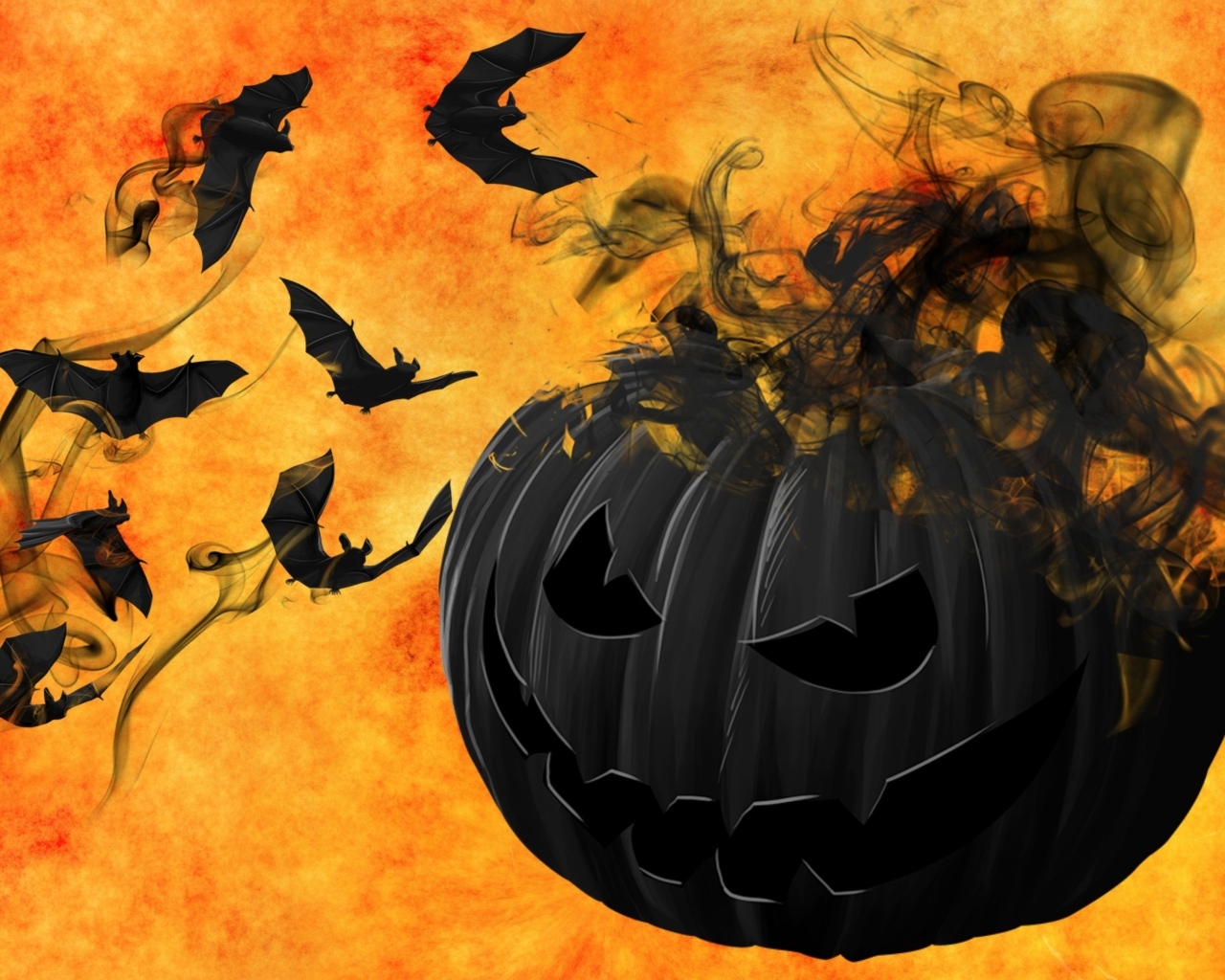 Черные летучие мыши с тыквой на оранжевом фоне