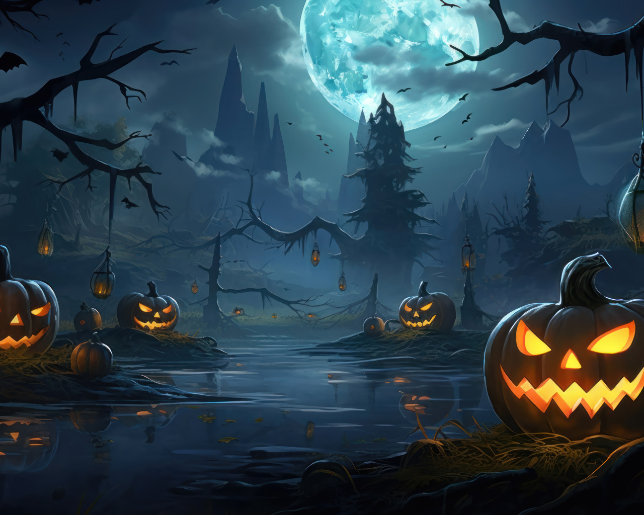 Зловещие тыквы у реки в темном лесу