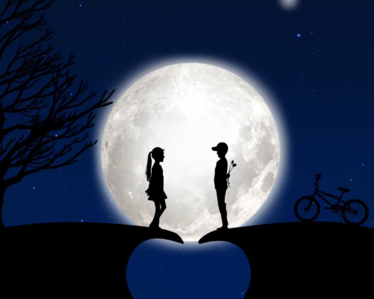 Влюбленная пара у дерева на фоне луны