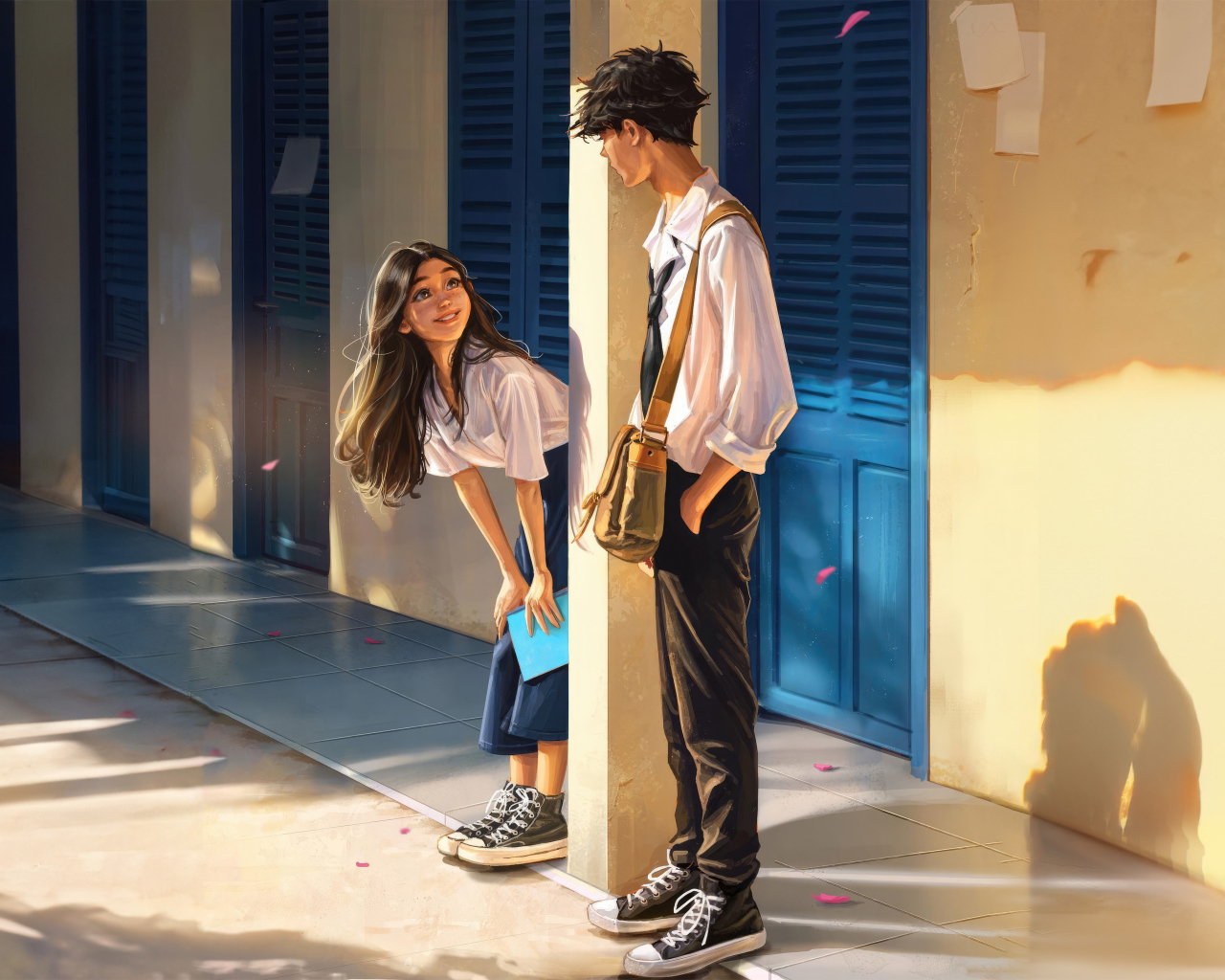 Влюбленная пара студентов к коридоре