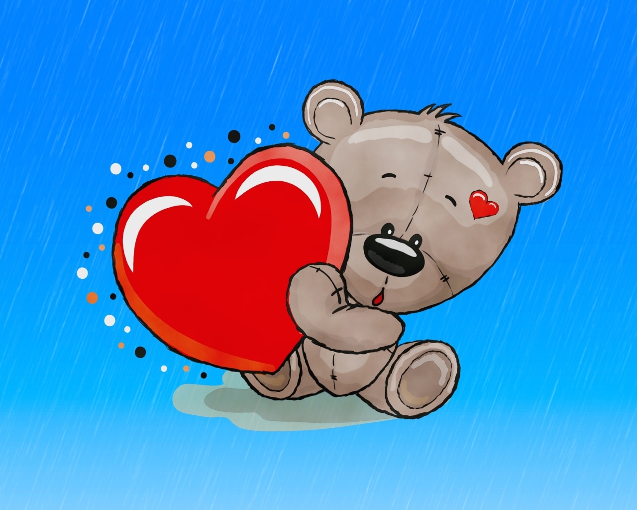 Нарисованный медвежонок с красным сердцем на голубом фоне