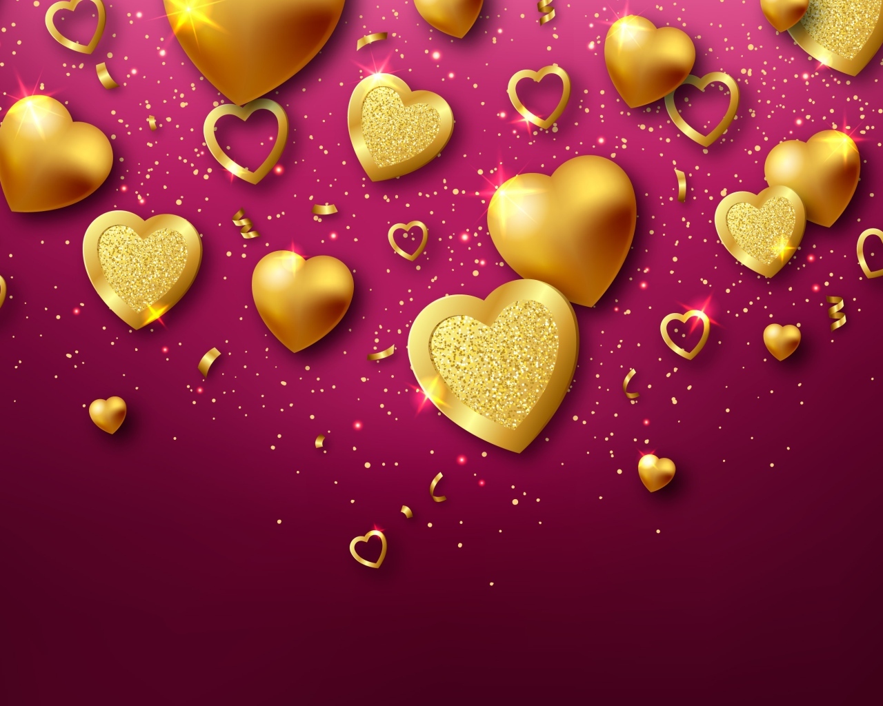 Золотые сердечки на красном фоне