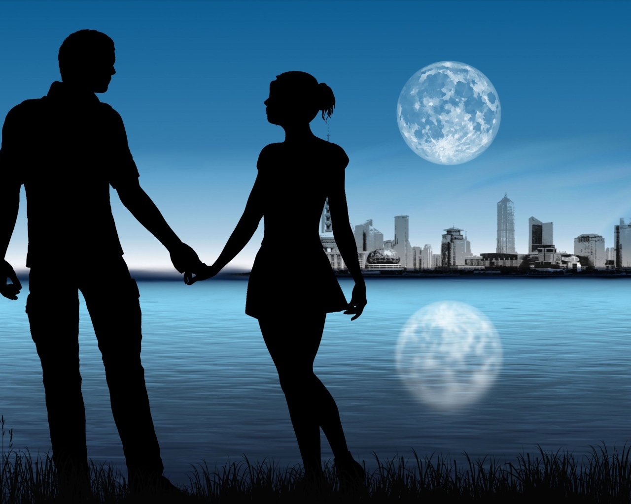 Силуэт влюбленной пары на фоне луны у озера