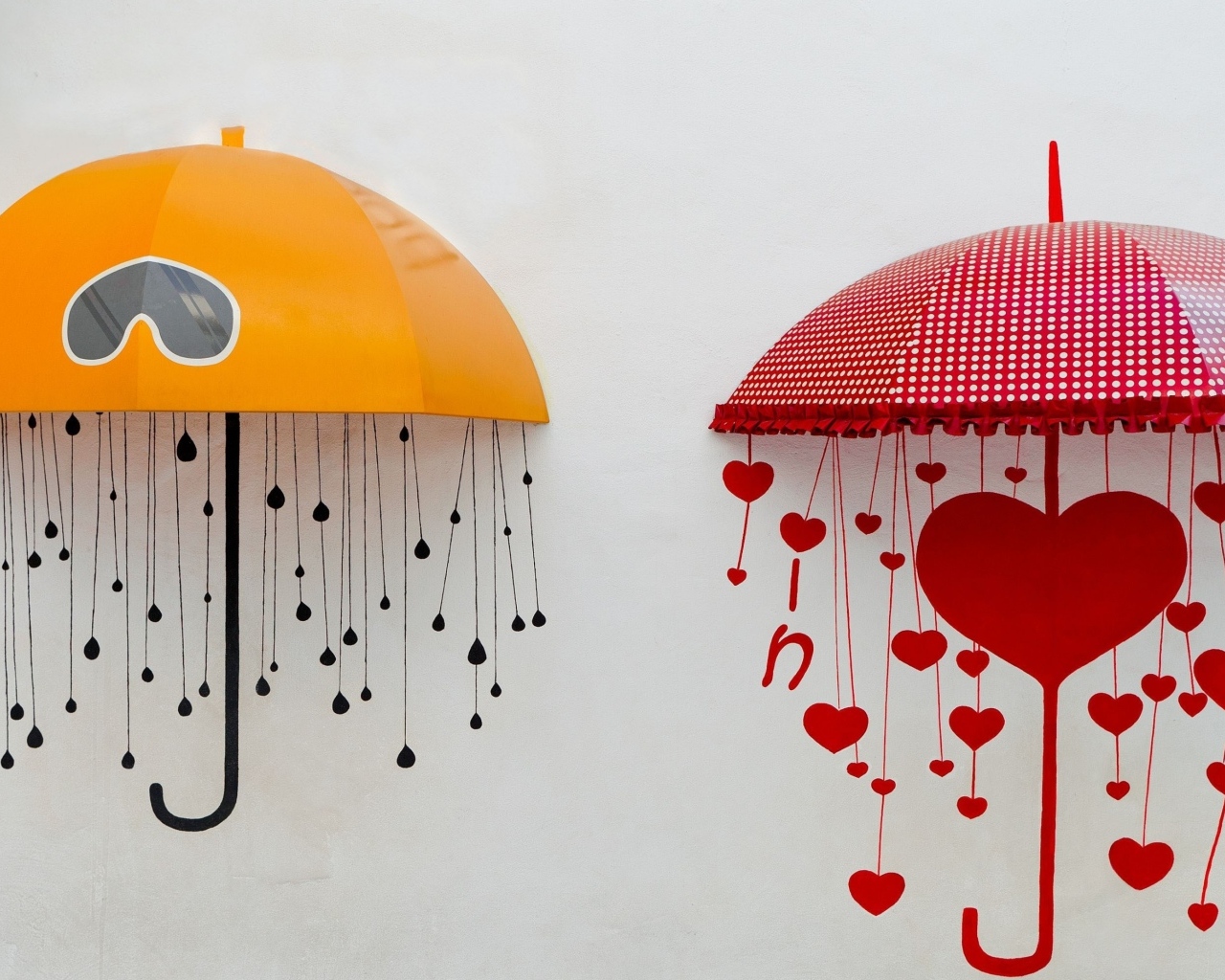 Два нарисованных зонта на серой поверхности