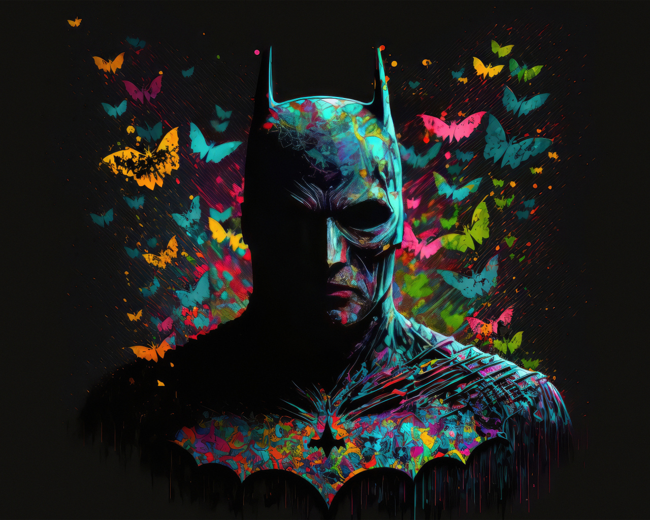 Бэтмен с неоновыми бабочками на черном фоне