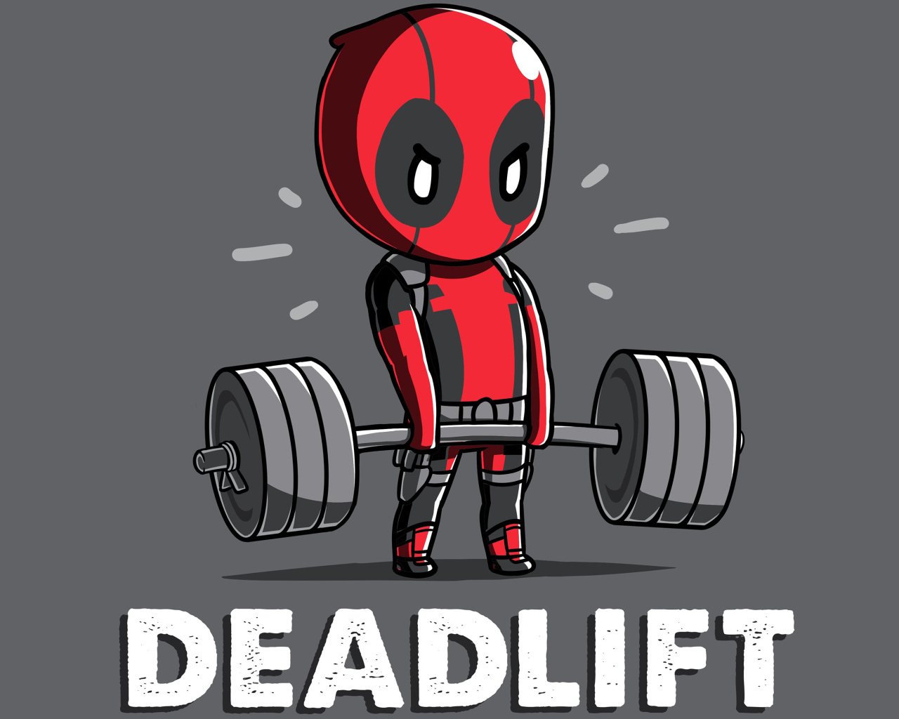 Маленький Дэдпул с гантелей на сером фоне