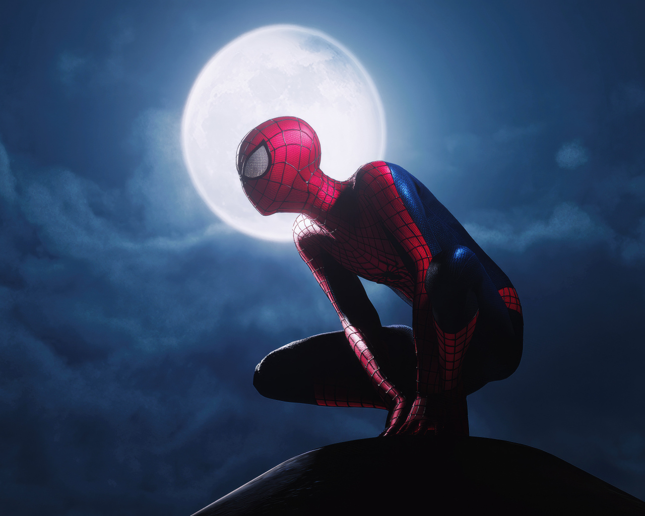 Спайдермен сидит на фоне луны