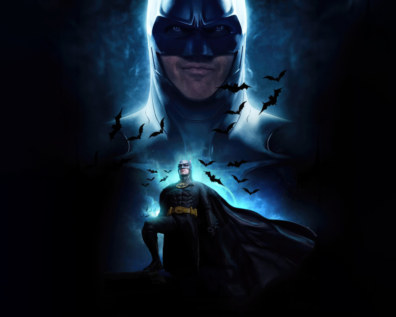 Супергерой Бэтмен на фоне молнии