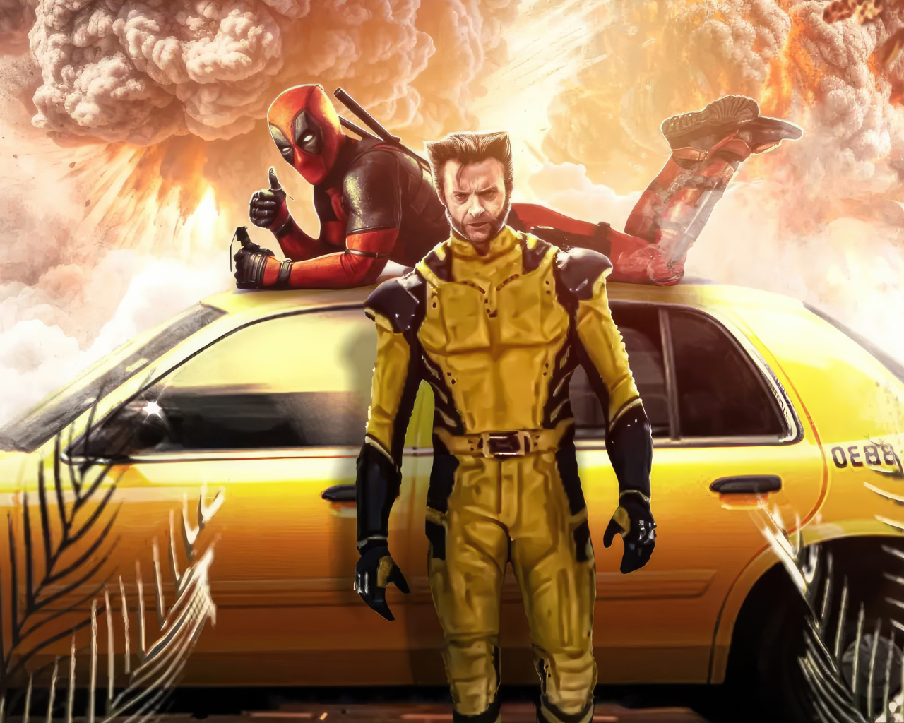 Супергерои Дэдпул и Росомаха с машиной такси